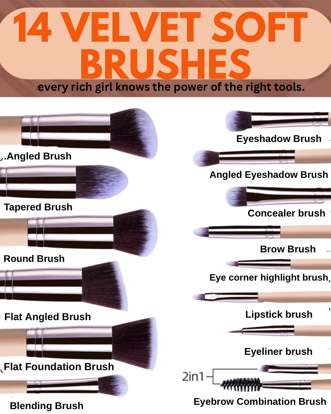 RICH GIRL MUST HAVE, 14 PCS BRUSH SET + BEAUTY BLENDERS.