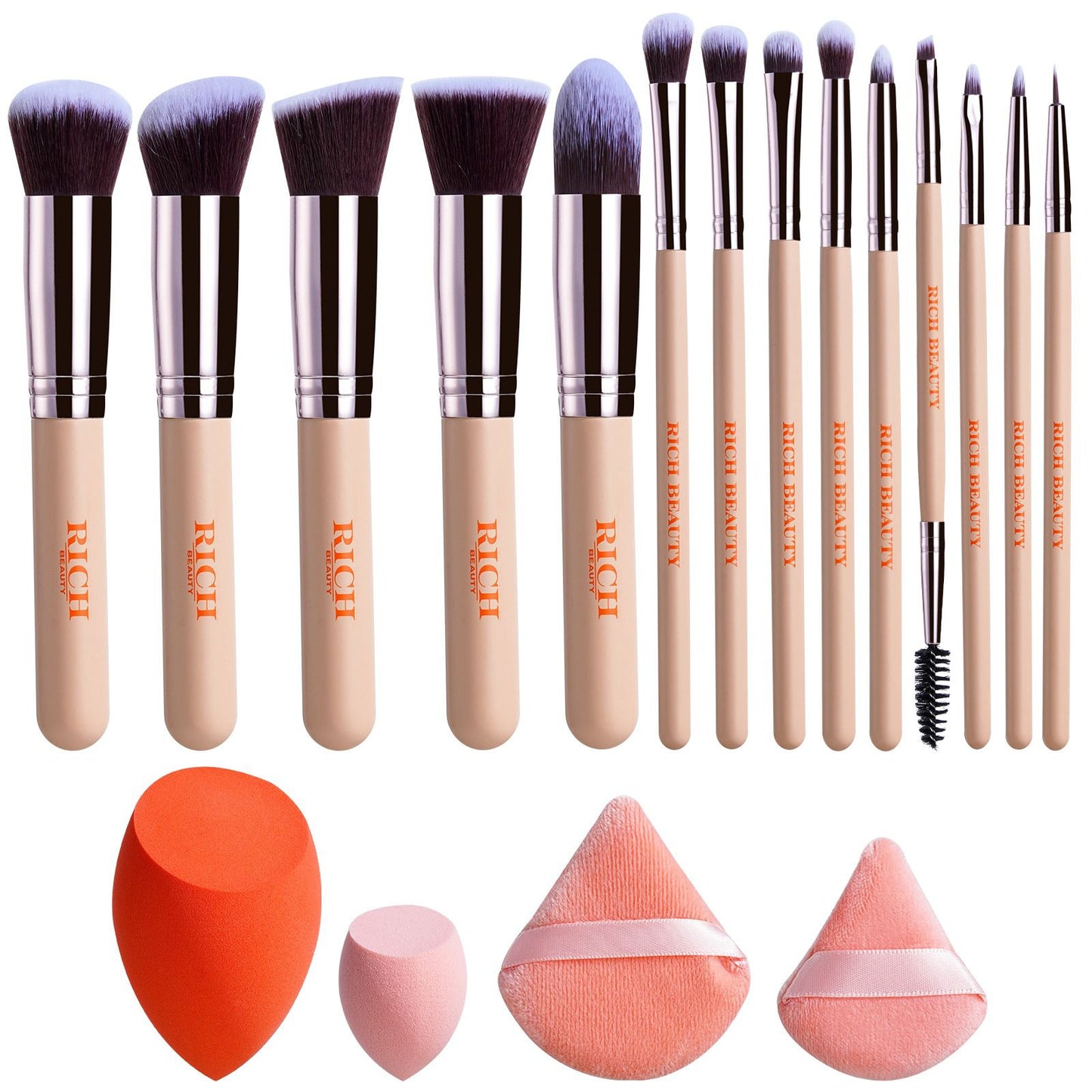 RICH GIRL MUST HAVE, 14 PCS BRUSH SET + BEAUTY BLENDERS.