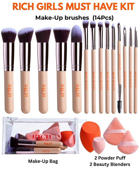RICH GIRL MUST HAVE, 14 PCS BRUSH SET + BEAUTY BLENDERS.